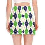Navy Green And White Argyle Print Side Slit Mini Skirt