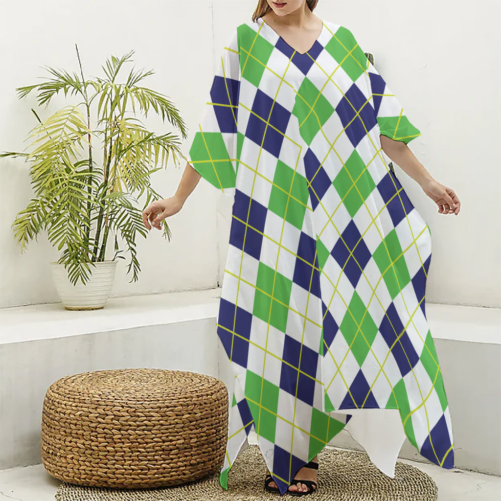 Navy Green And White Argyle Print Silk V-Neck Kaftan Dress