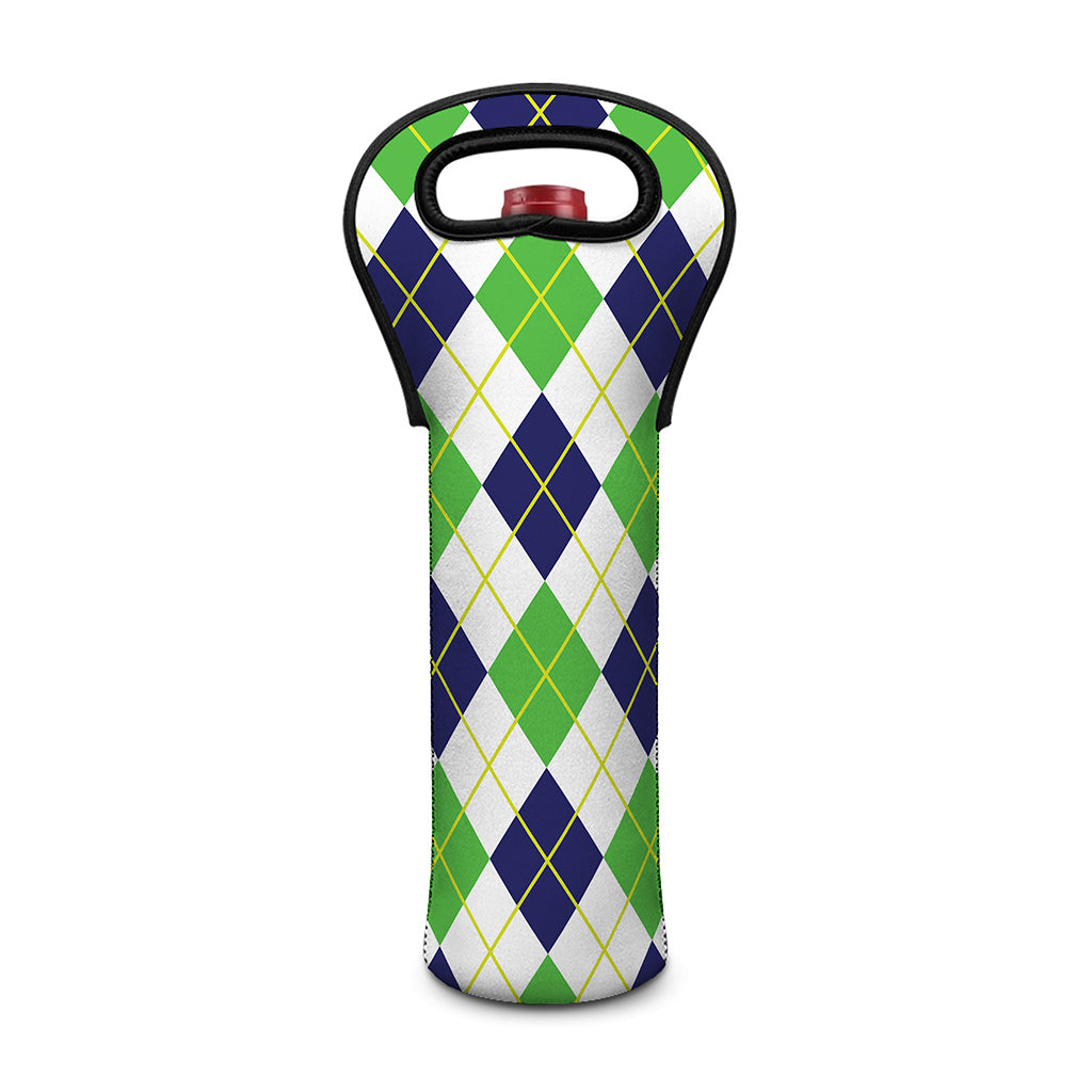 Navy Green And White Argyle Print Single Neoprene Wine Tote