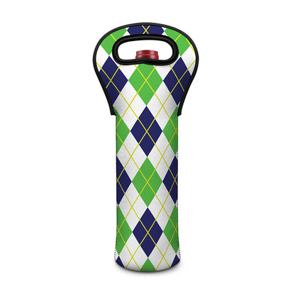 Navy Green And White Argyle Print Single Neoprene Wine Tote