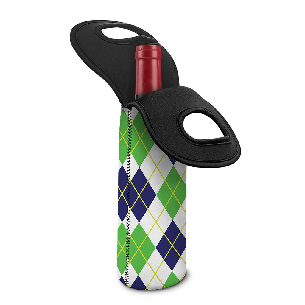 Navy Green And White Argyle Print Single Neoprene Wine Tote