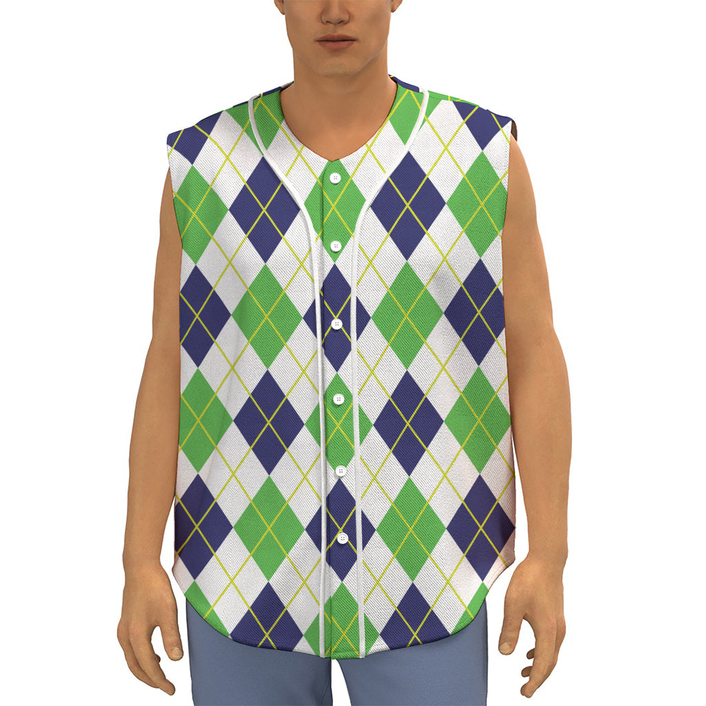 Navy Green And White Argyle Print Sleeveless Baseball Jersey