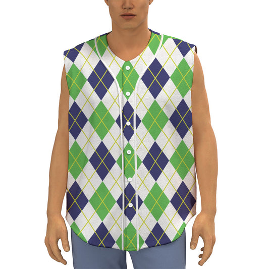 Navy Green And White Argyle Print Sleeveless Baseball Jersey