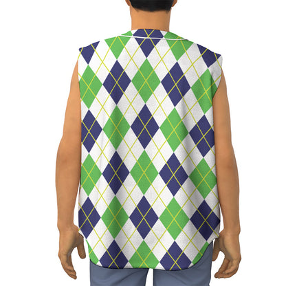 Navy Green And White Argyle Print Sleeveless Baseball Jersey
