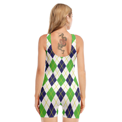 Navy Green And White Argyle Print Sleeveless One Piece Swimsuit