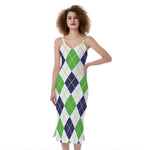Navy Green And White Argyle Print Slim Fit Midi Cami Dress
