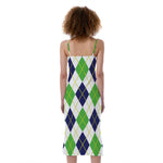 Navy Green And White Argyle Print Slim Fit Midi Cami Dress