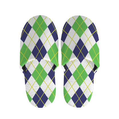 Navy Green And White Argyle Print Slippers