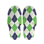 Navy Green And White Argyle Print Slippers
