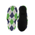 Navy Green And White Argyle Print Slippers