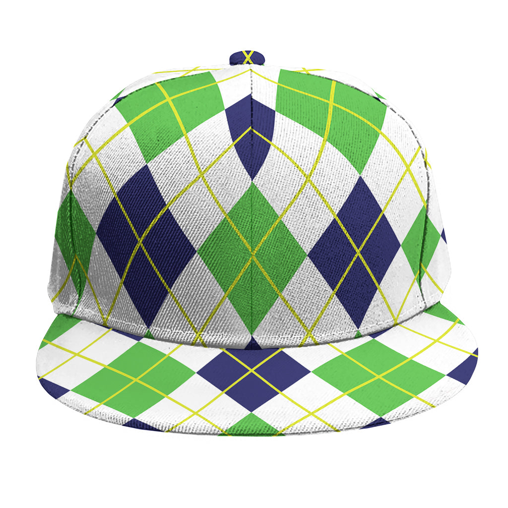 Navy Green And White Argyle Print Snapback Cap