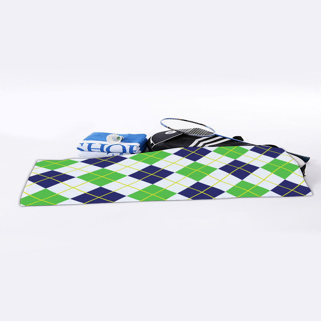 Navy Green And White Argyle Print Sports Towel