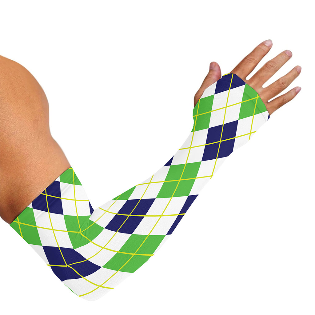 Navy Green And White Argyle Print Sun Protection Arm Sleeves