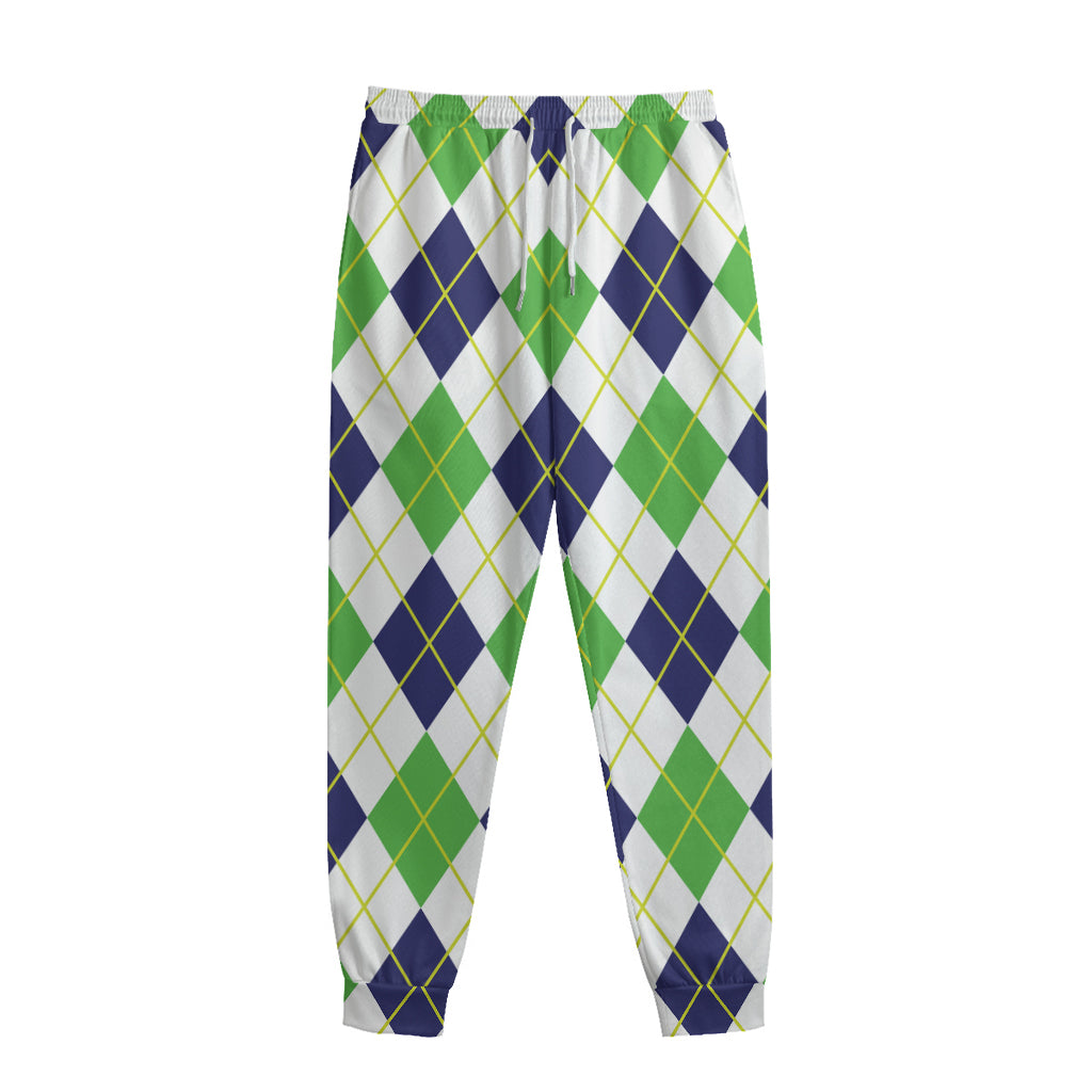 Navy Green And White Argyle Print Sweatpants