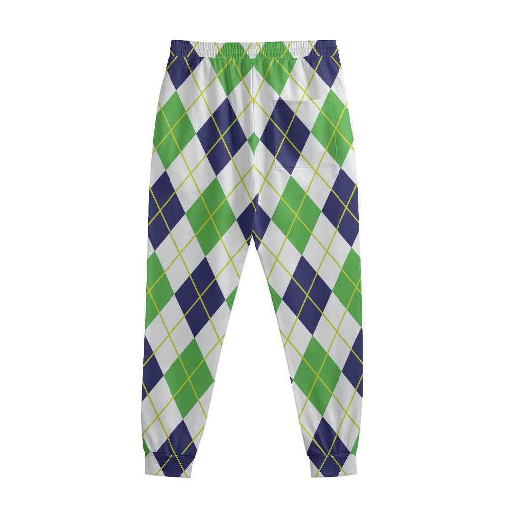 Navy Green And White Argyle Print Sweatpants