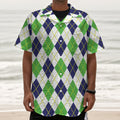 Navy Green And White Argyle Print Textured Short Sleeve Shirt
