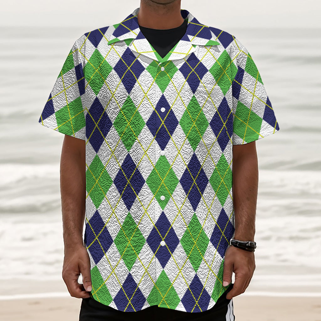 Navy Green And White Argyle Print Textured Short Sleeve Shirt