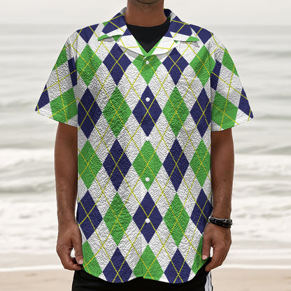 Navy Green And White Argyle Print Textured Short Sleeve Shirt