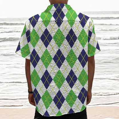 Navy Green And White Argyle Print Textured Short Sleeve Shirt
