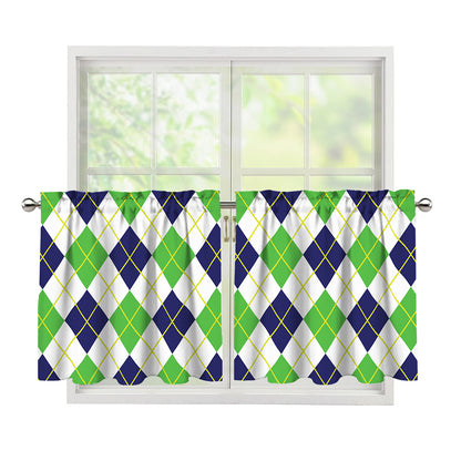 Navy Green And White Argyle Print Tier Curtains