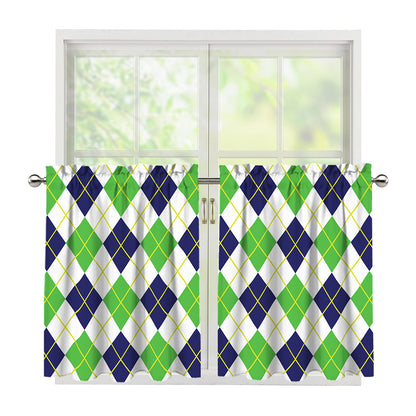 Navy Green And White Argyle Print Tier Curtains