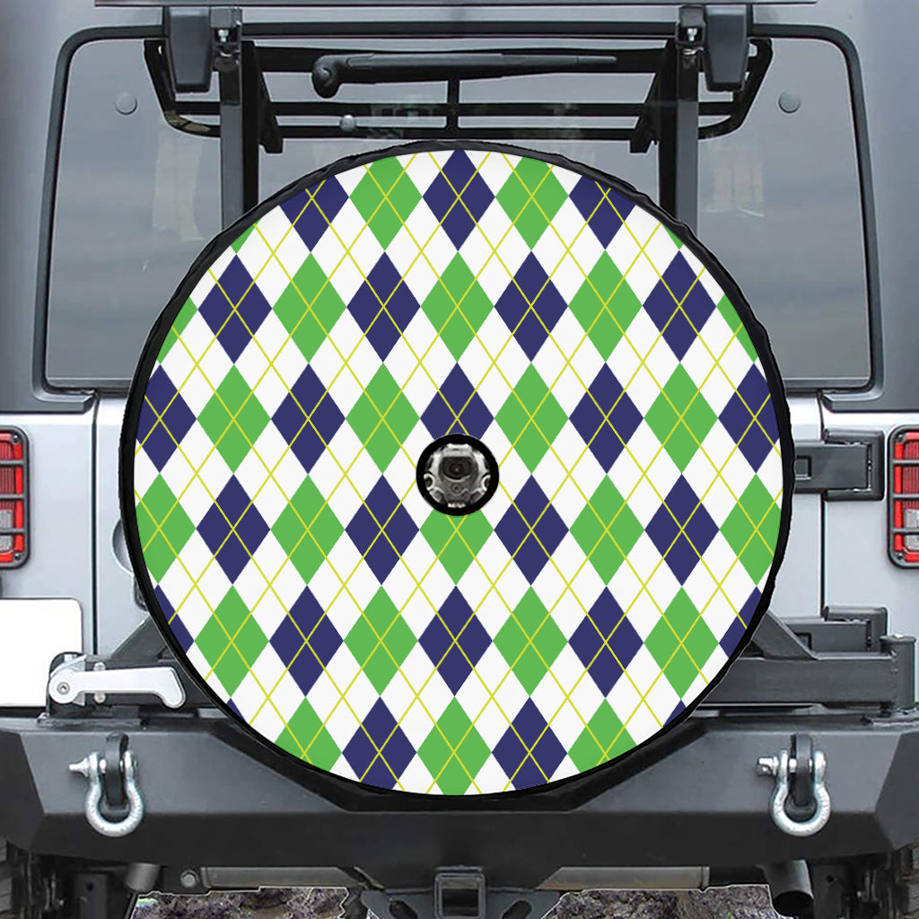 Navy Green And White Argyle Print Tire Cover With Camera Hole