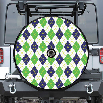 Navy Green And White Argyle Print Tire Cover With Camera Hole