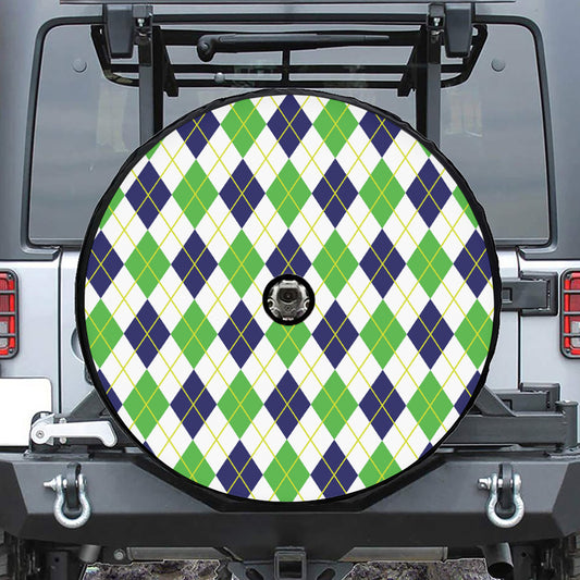 Navy Green And White Argyle Print Tire Cover With Camera Hole