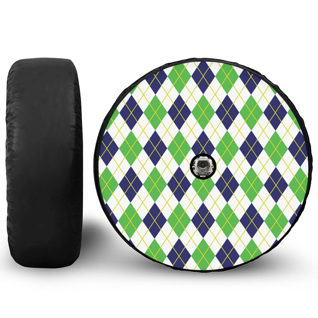 Navy Green And White Argyle Print Tire Cover With Camera Hole