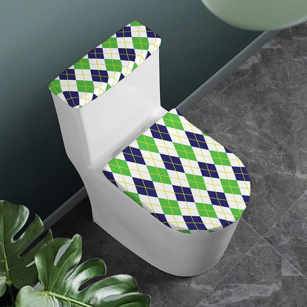 Navy Green And White Argyle Print Toilet Lid And Tank Cover Set
