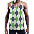 Navy Green And White Argyle Print Men's Workout Tank Top