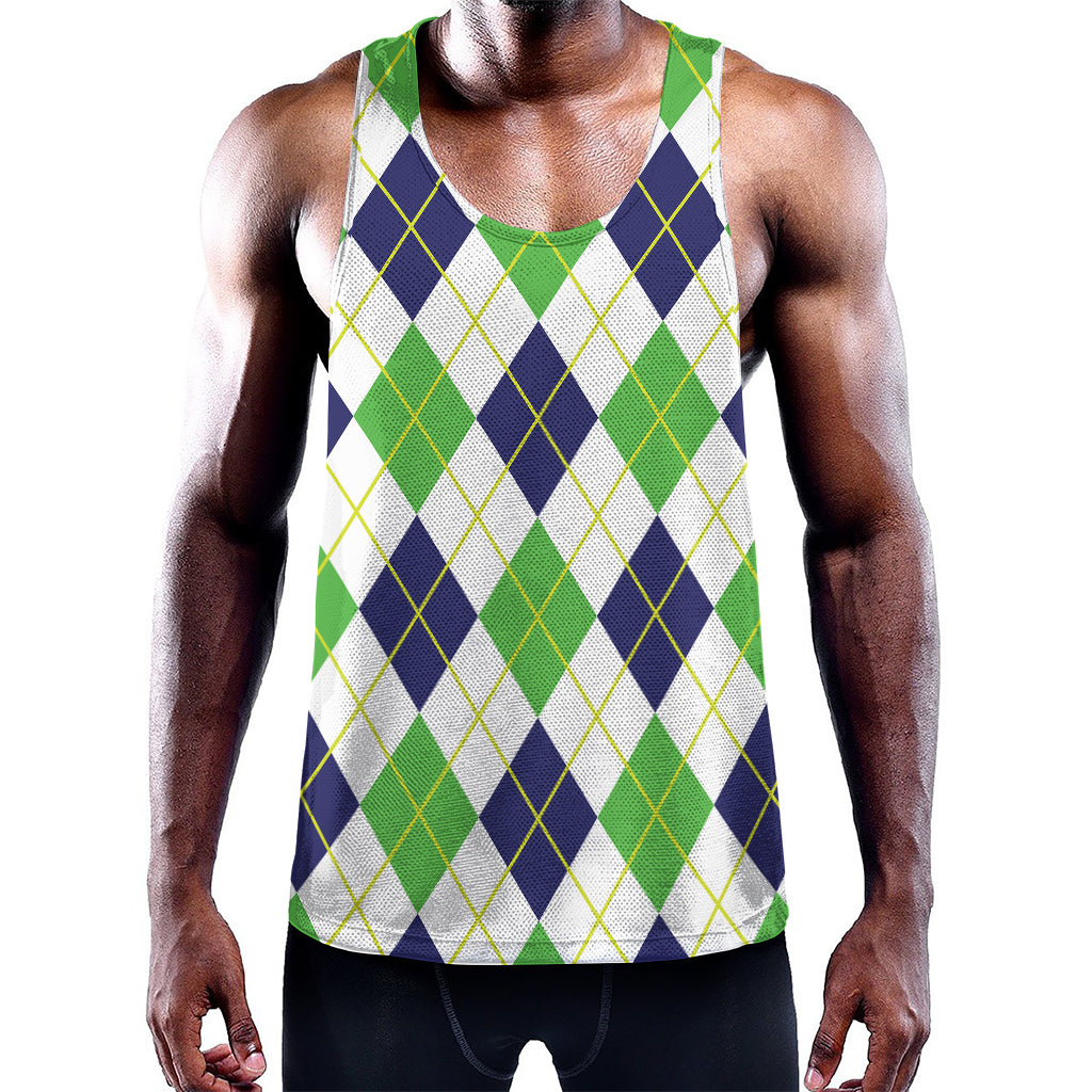 Navy Green And White Argyle Print Training Tank Top