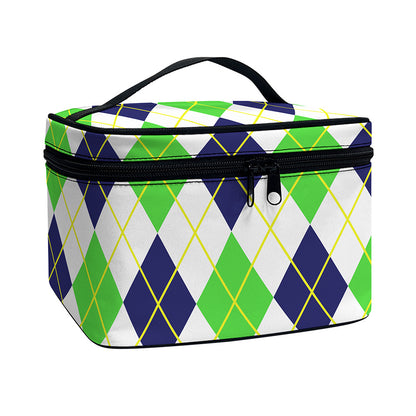 Navy Green And White Argyle Print Travel Makeup Bag