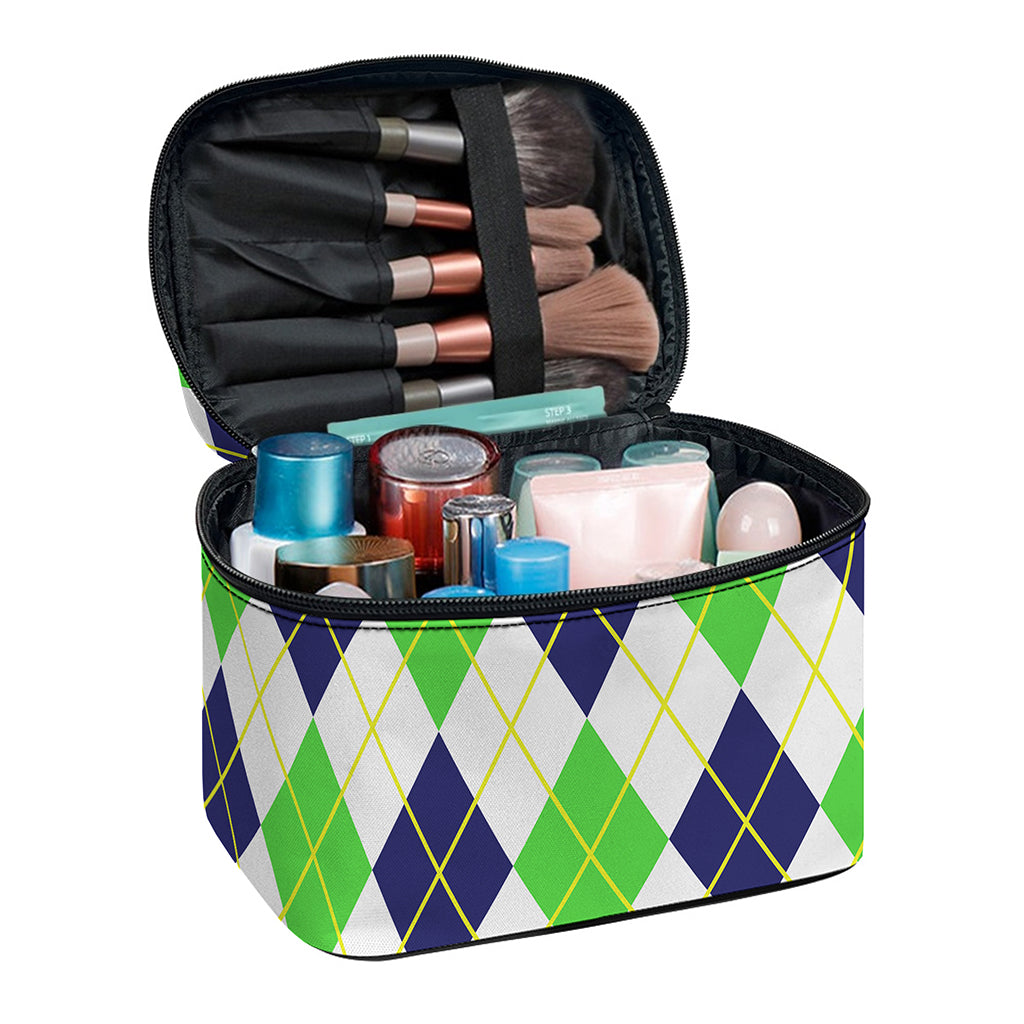 Navy Green And White Argyle Print Travel Makeup Bag