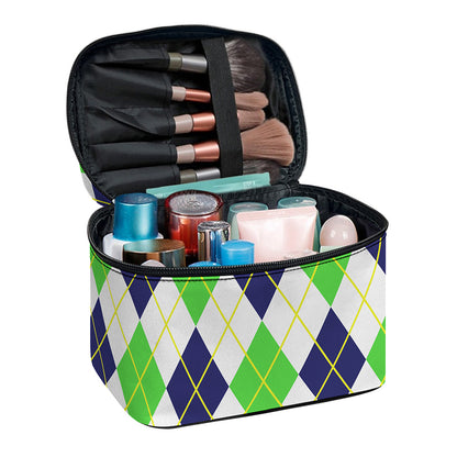 Navy Green And White Argyle Print Travel Makeup Bag