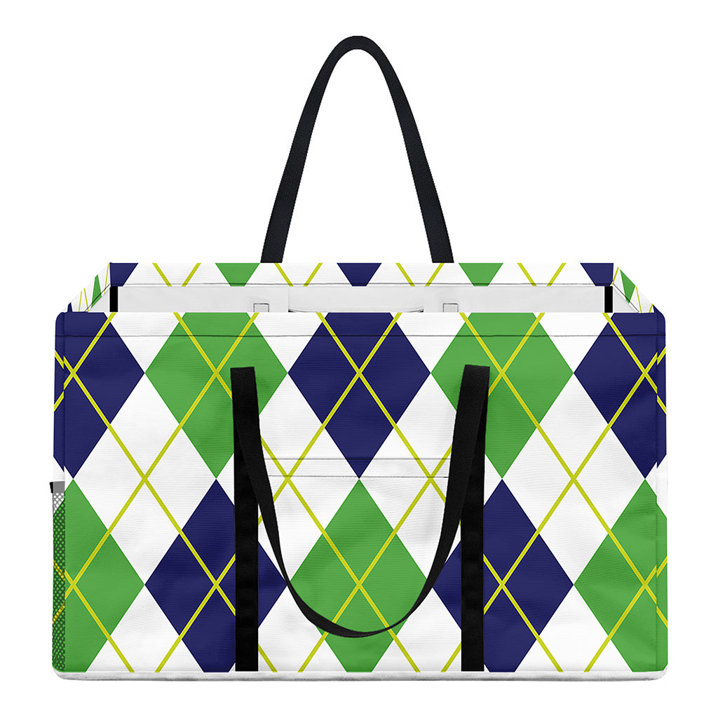 Navy Green And White Argyle Print Utility Tote Bag