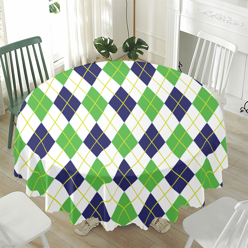 Navy Green And White Argyle Print Waterproof Round Tablecloth