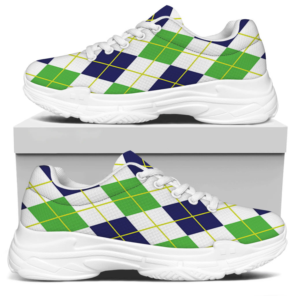 Navy Green And White Argyle Print White Chunky Shoes