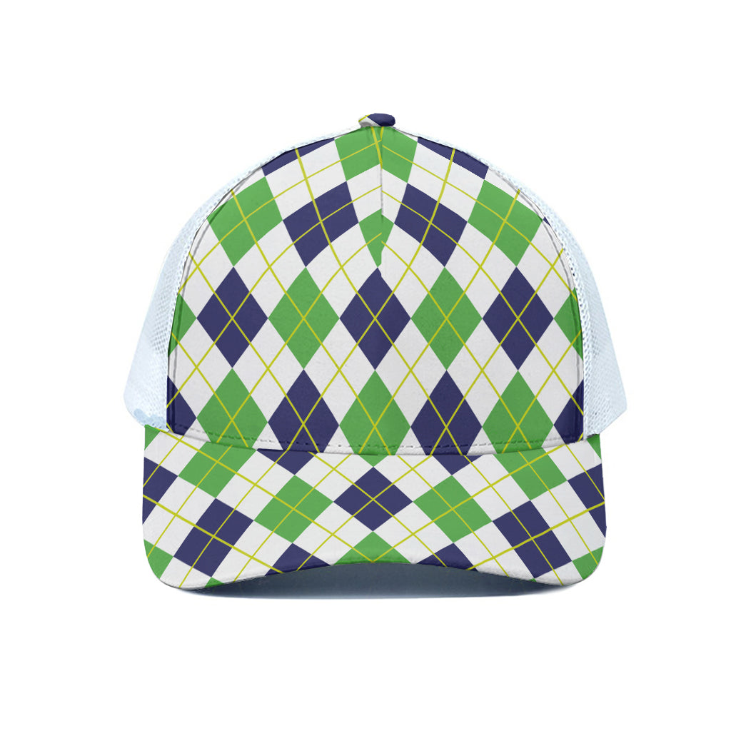 Navy Green And White Argyle Print White Mesh Trucker Cap