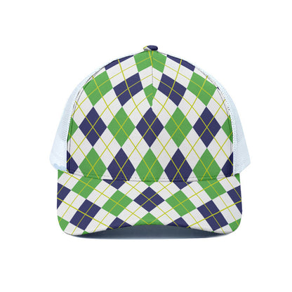 Navy Green And White Argyle Print White Mesh Trucker Cap