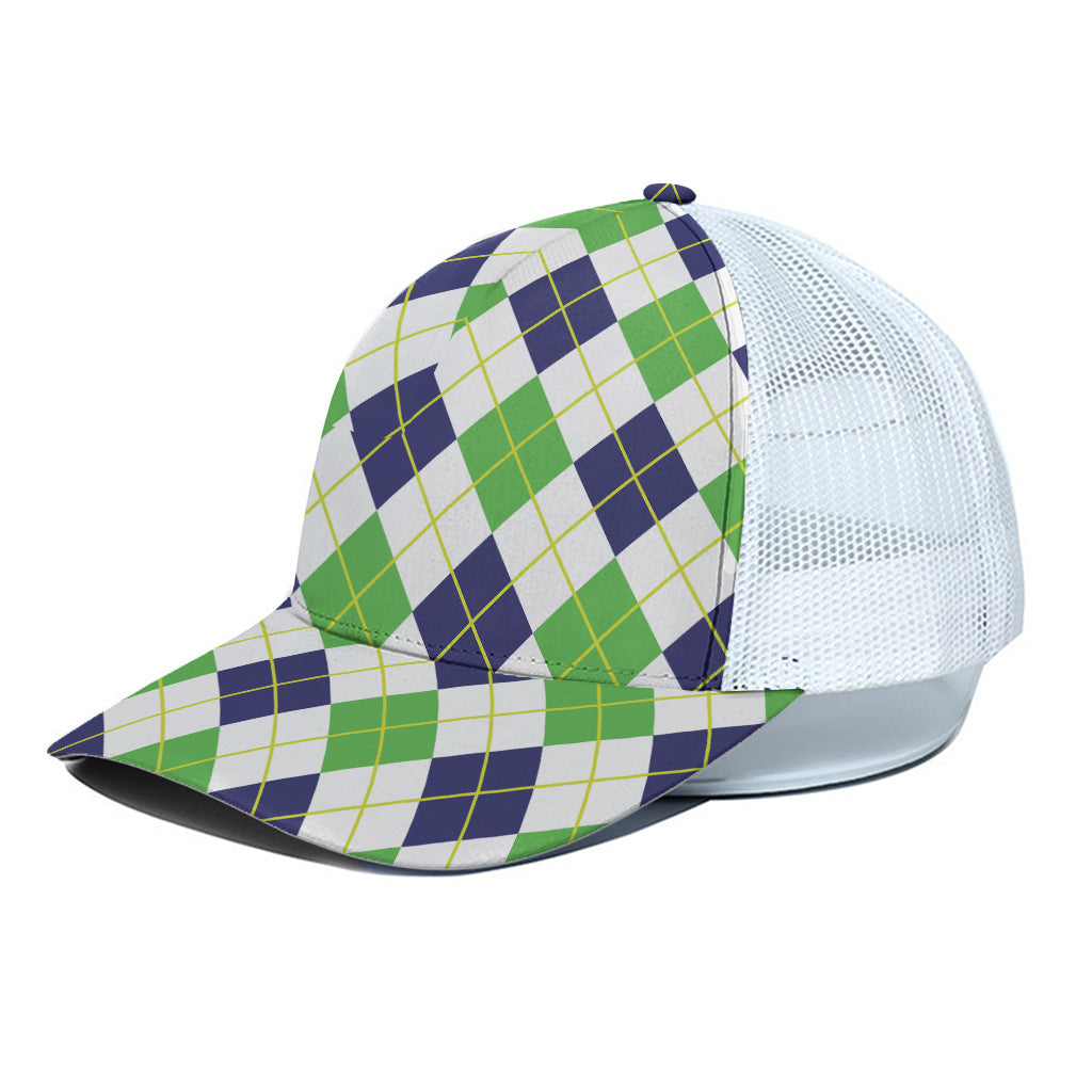 Navy Green And White Argyle Print White Mesh Trucker Cap