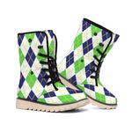 Navy Green And White Argyle Print Winter Boots