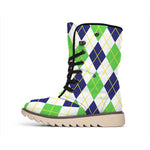 Navy Green And White Argyle Print Winter Boots