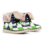 Navy Green And White Argyle Print Winter Boots