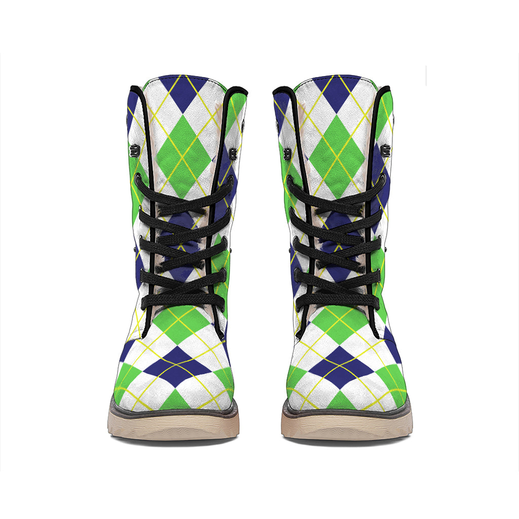 Navy Green And White Argyle Print Winter Boots