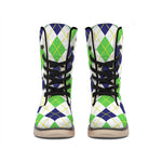 Navy Green And White Argyle Print Winter Boots