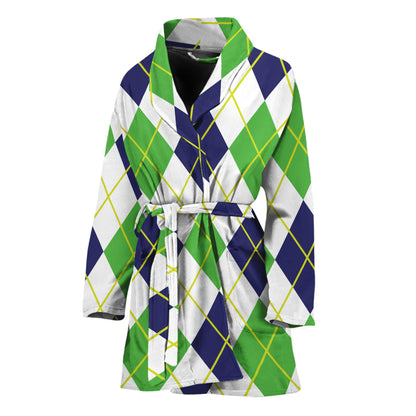 Navy Green And White Argyle Print Women's Bathrobe