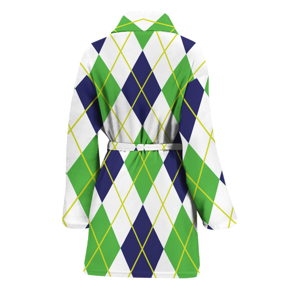 Navy Green And White Argyle Print Women's Bathrobe