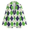 Navy Green And White Argyle Print Women's Blazer