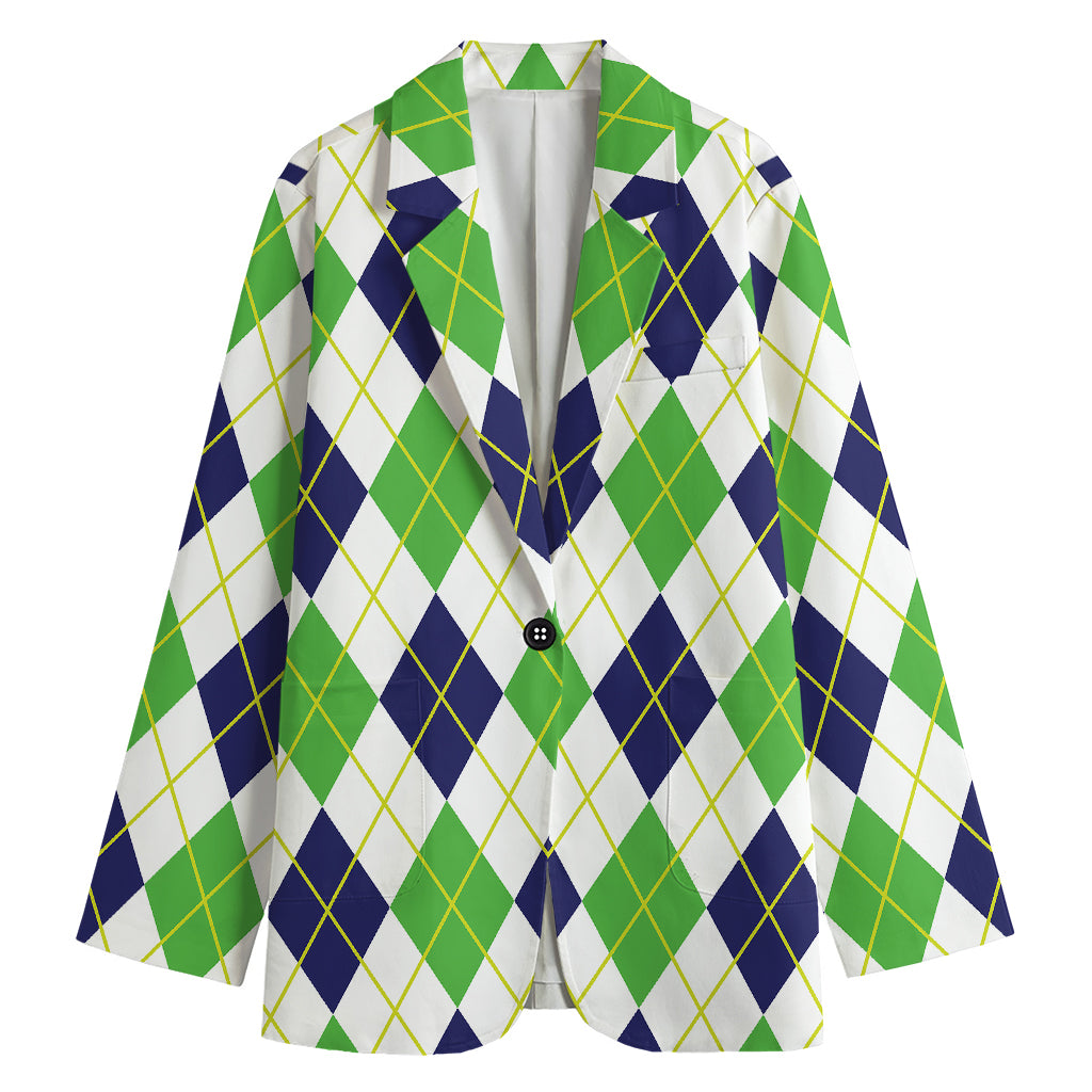 Navy Green And White Argyle Print Women's Blazer